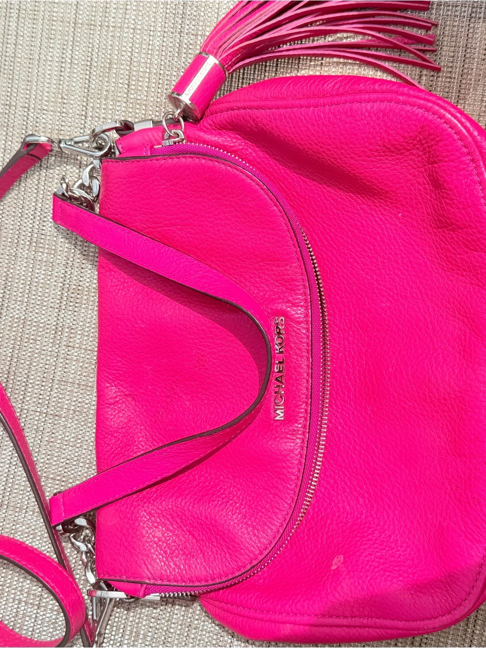MICHAEL KORS Bright Pink Pebbled Leather Crossbody with Tassel